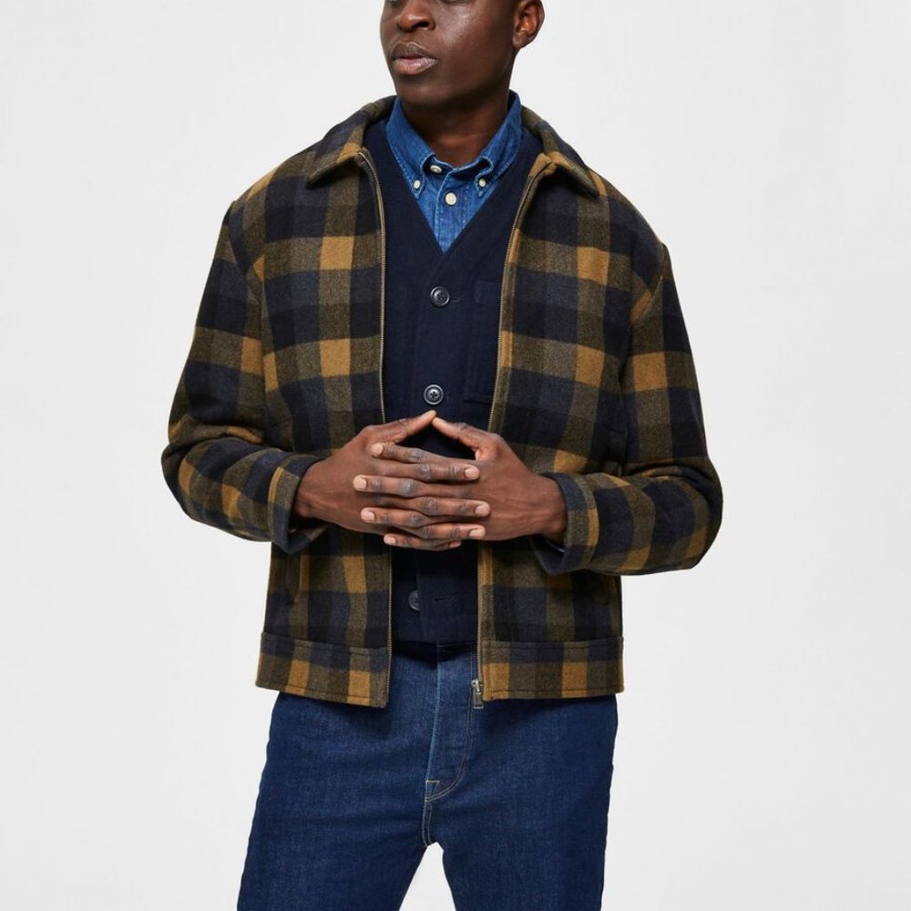 NWT Plaid Selected Homme Wool Jacket in Yellow (Butternut) Size Large